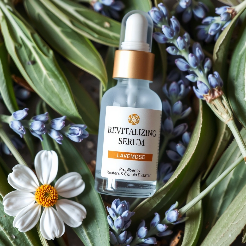 Serum bottle surrounded by fresh botanical ingredients like lavender and green leaves
