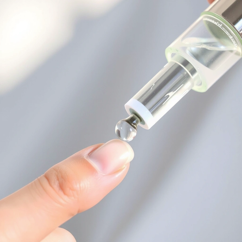 Texture shot of serum on fingertips, showing its delicate consistency