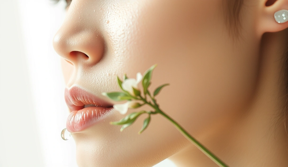 Close-up of serene skin with water drops and delicate botanicals, symbolizing hydration and natural care.