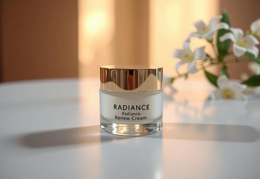 Elegant jar of Radiance Renew Cream with soft, glowing light